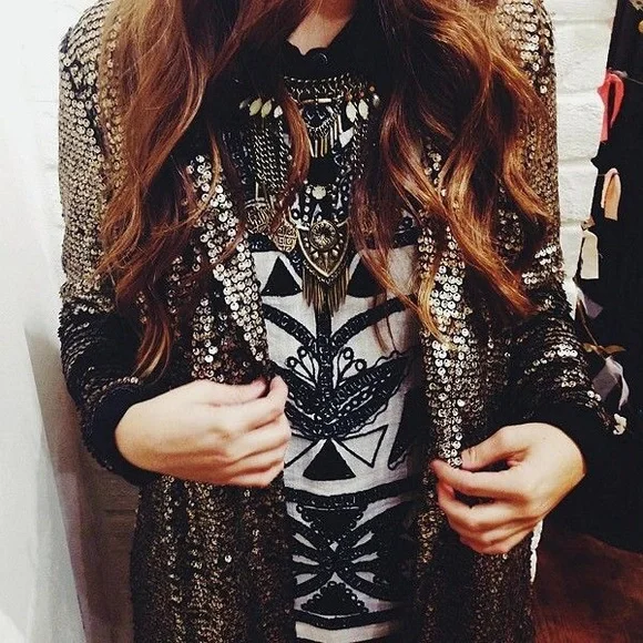 Free People Gold Distressed Metal Sequin Lace Stardust Kimono Jacket XS